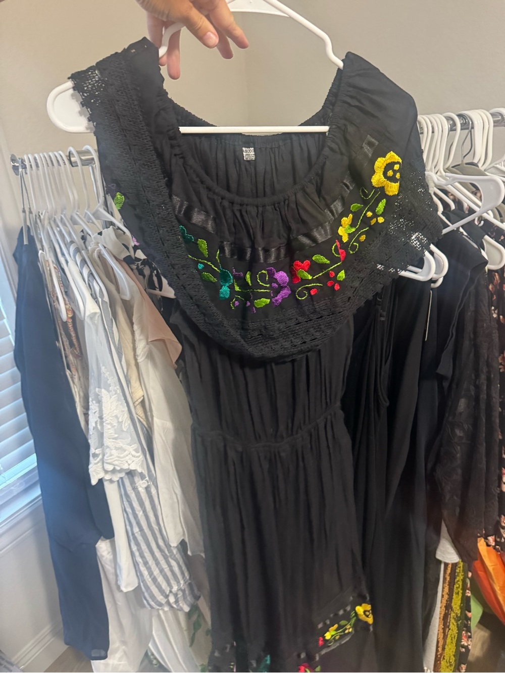 Black Embroidered Floral Midi Dress with Ruffled Yoke